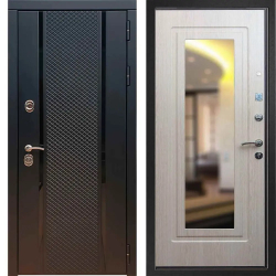 Входная металлическая дверь с зеркалом RеX (РЕКС) 25 кварц черный, фурнитура хром/ ФЛЗ 120 Беленый дуб