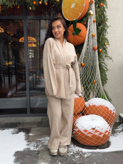 Комплект вязаный, кардиган с поясом и брюки