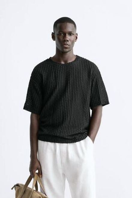 ZARA ФУТБОЛКА ИЗ АЖУРНОГО ТРИКОТАЖА, ЧЕРНЫЙ