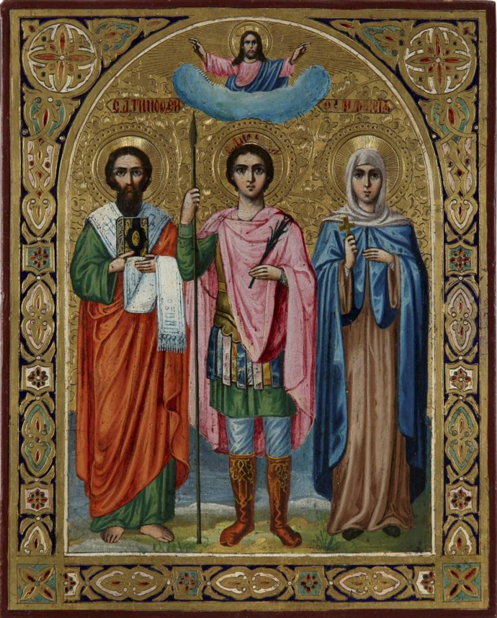 Икона святые Апостол Тимофей, Дмитрий Солунский и святая Анисья на дереве на левкасе