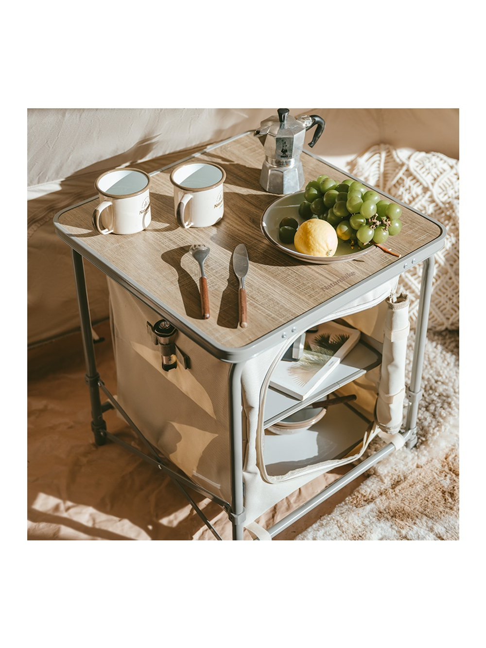 Стол туристический Naturehike MINI, 48х48х54 см, складной, с отделением для посуды, бежевый