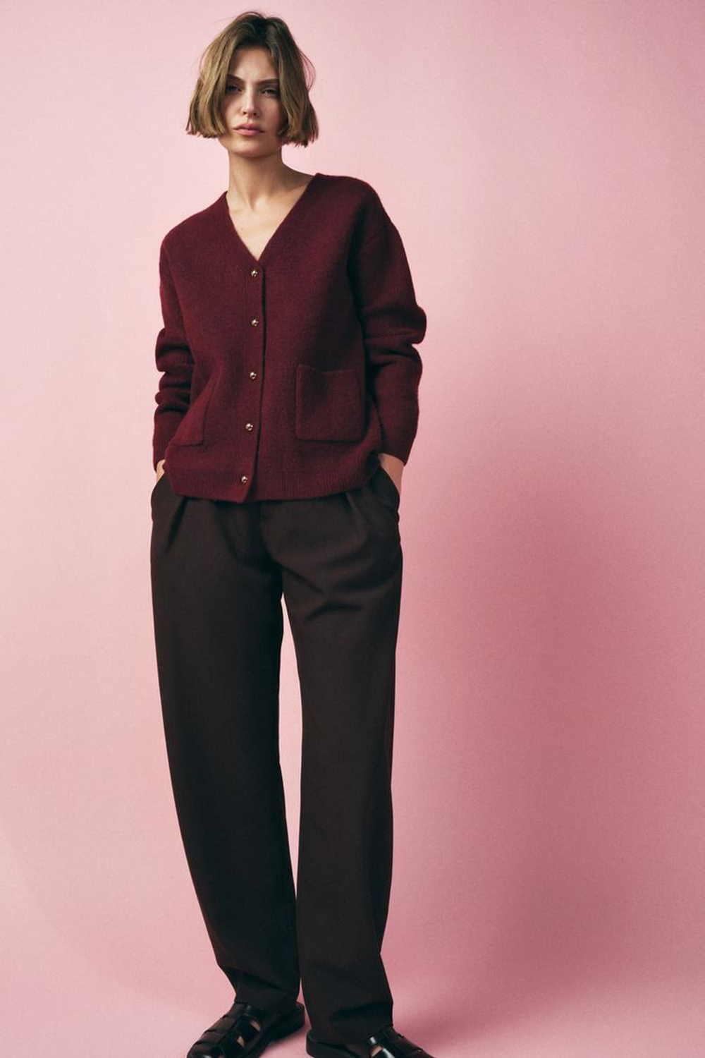 ZARA ОДНОТОННЫЙ КАРДИГАН, ТЕМНО-БОРДОВЫЙ