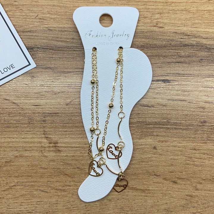 Браслет на ногу цепочка подвески Сердце Love палочки металл золотистый