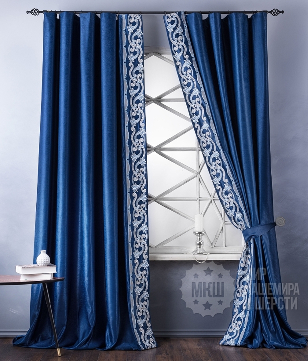 Готовые шторы с вышивкой ВАЛЛЕРИ (арт. BL01-248-03)  - (200х270)х2 см. - синие