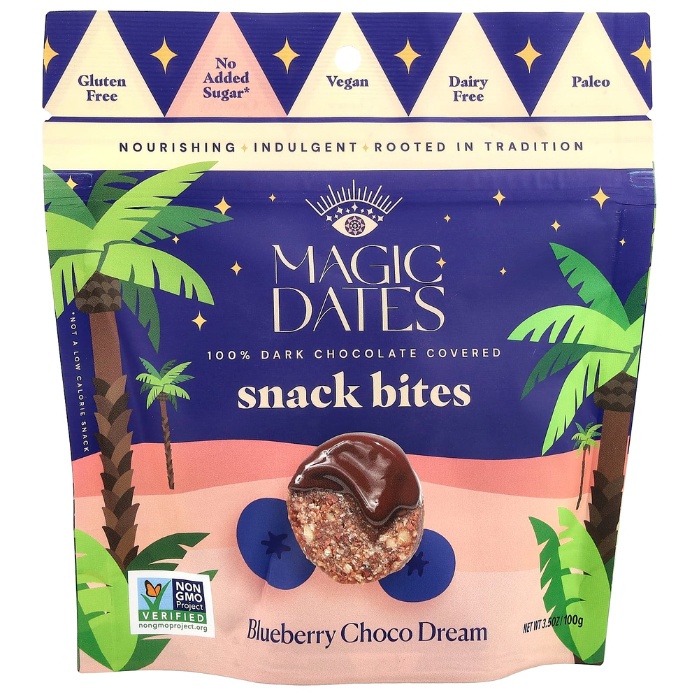 MAGICDATES, Snack Bites, покрытый 100% темным шоколадом, Blueberry Choco Dream, 100 г (3,5 унции)