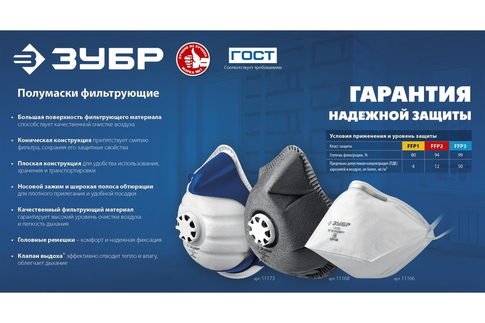 Плоская полумаска фильтрующая ЗУБР FFP1 многослойная