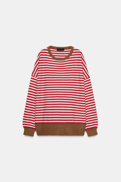 ZARA СВИТЕР ИЗ 100% ШЕРСТИ В ПОЛОСКУ, ЭКРЮ/КРАСНЫЙ