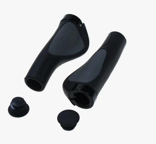 Грипсы TRIX, резиновые, 130мм, 2-х компонентные, эргономические, алюминиевые фиксаторы на руль черные - 2шт., с заглушками руля, серо-черные(100)