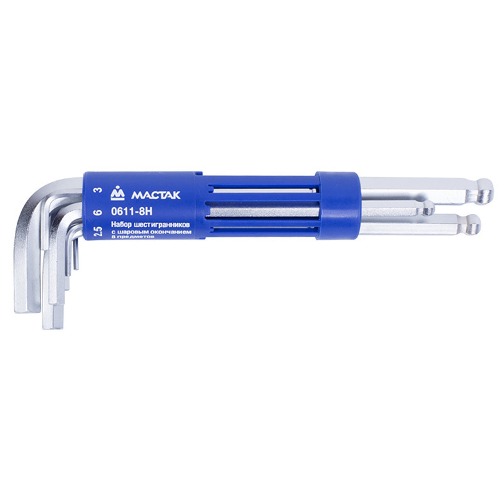 МАСТАК (0611-8HB) Набор Г-образных шестигранников 2-10 мм, с шаровым окончанием, 8 предметов