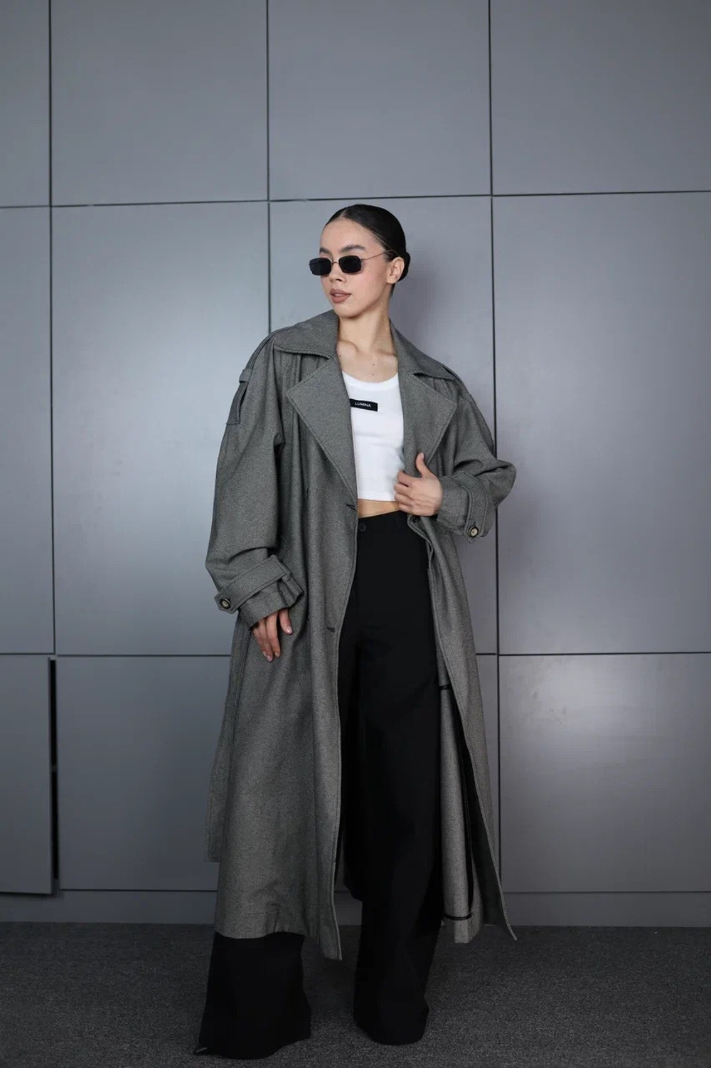 тренч с поясом и принтом «ёлочка»