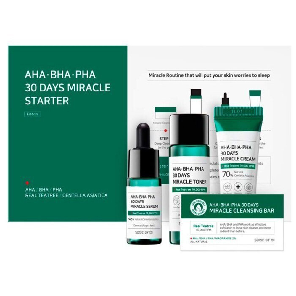 Набор по уходу за проблемной кожей с AHA-BHA-PHA кислотами Some By Mi AHA-BHA-PHA 30 Days Miracle Starter Kit (Мыло 30g + Тонер 30ml + Сыворотка 10ml + Крем 20g)