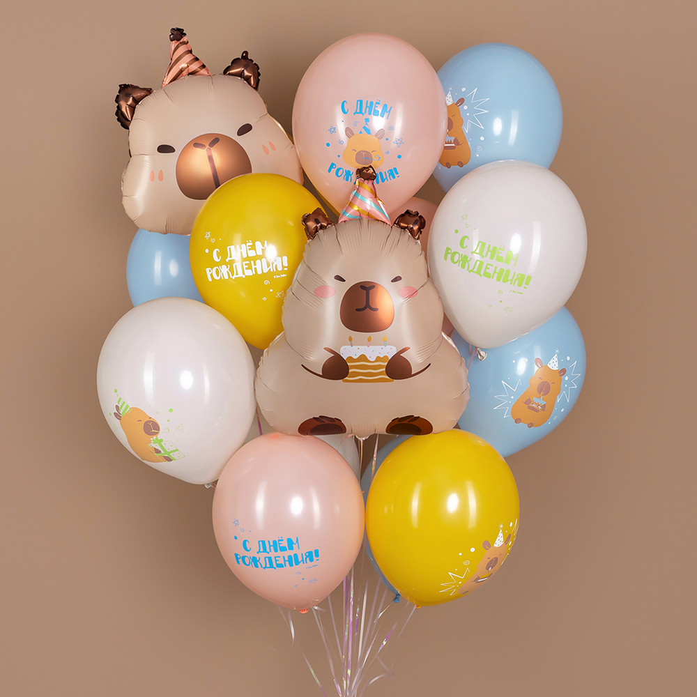 Воздушные шары Капибары, С Днем Рождения! Ассорти, пастель 30см уже с гелием и обработкой