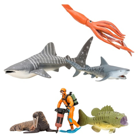 Фигурки игрушки серии "Мир морских животных": Китовая акула, акула, морж, кальмар, окунь, дайвер