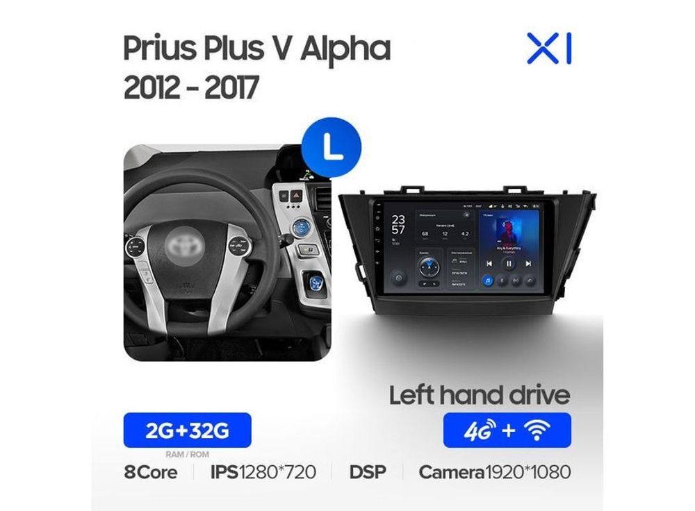 Магнитола Teyes X1 2-32 Wi-Fi + 4G Toyota Prius Plus V Alpha LHD 2012 — 2017 9.0&quot;