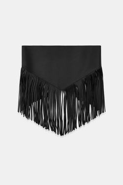 ZARA ТРЕУГОЛЬНЫЙ РЕМЕНЬ-ПЛАТОК ИЗ 100% КОЖИ С БАХРОМОЙ, ЧЕРНЫЙ
