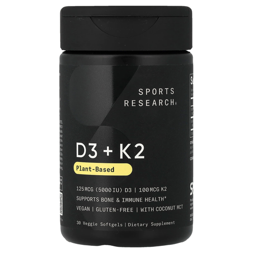 Sports Research, витамины D3 и K2, растительная добавка, 30 растительных капсул