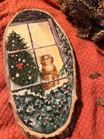 Картина маслом на спиле дерева "В ожидании Нового года"