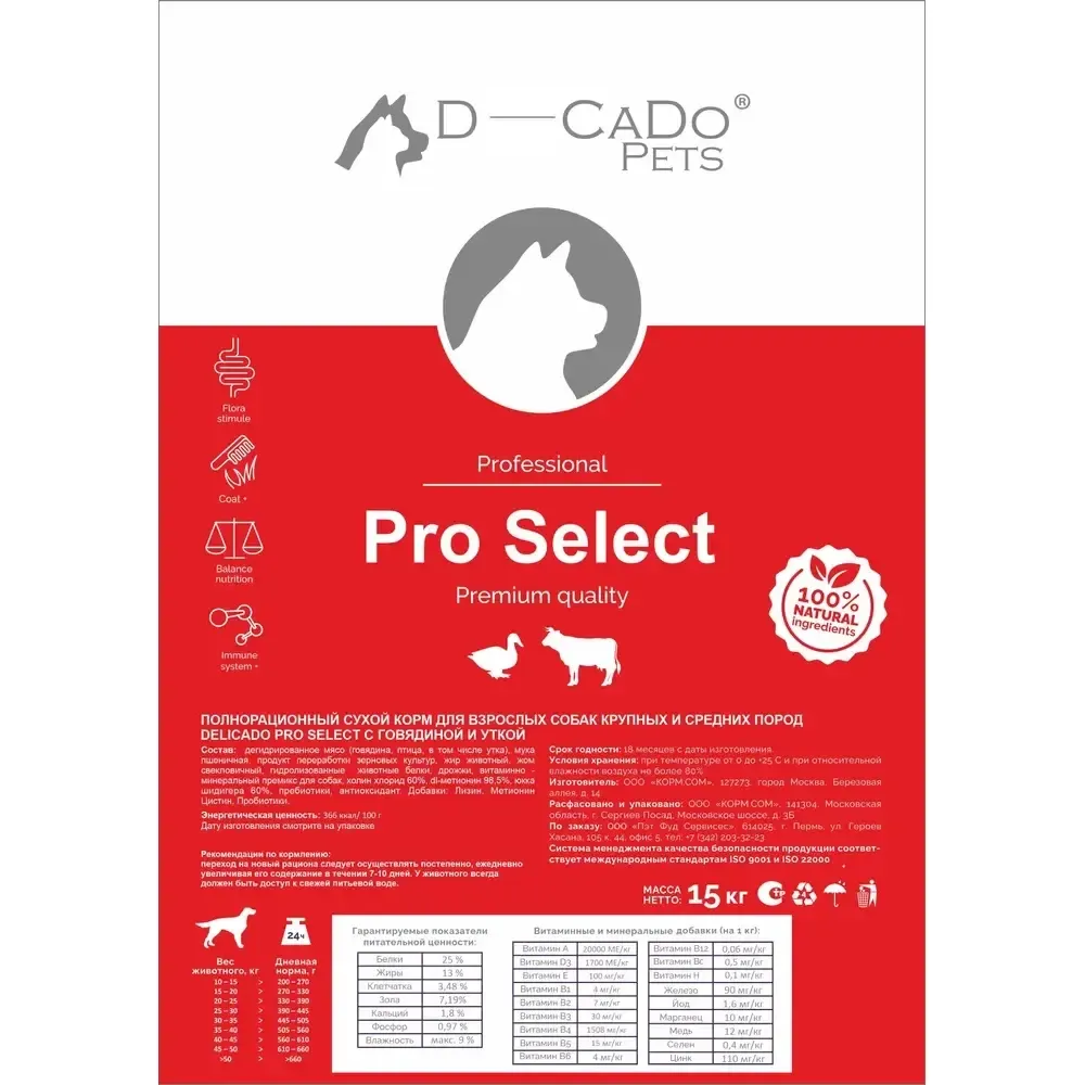 Сухой корм PRO SELECT для собак с говядиной и уткой