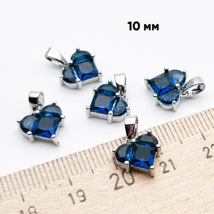 Подвеска Сердце, цвет серебро (родий)+синий, размер 10 мм, цена за 1 шт