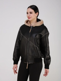 Двусторонняя дубленка зимняя шуба натуральная с капюшоном