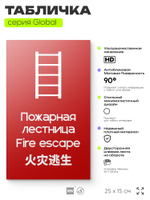 Табличка Пожарная лестница, на дверь и стену, информационная и мультиязычная (русский, английский, китайский), серия GLOBAL, 25х15 см, Айдентика Технолоджи