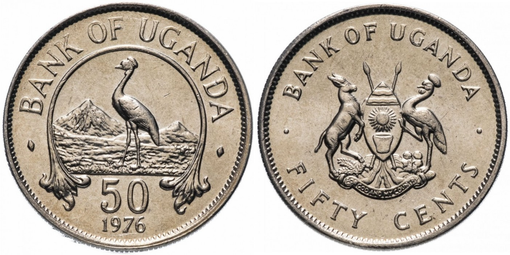 Уганда 50 центов, 1976 Герб - Журавль UNC