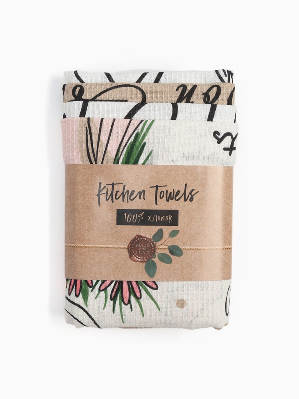 Набор кухонных полотенец Доляна Happiness, 35×60 см -4 шт., 100% хлопок, вафля 160 г/м²