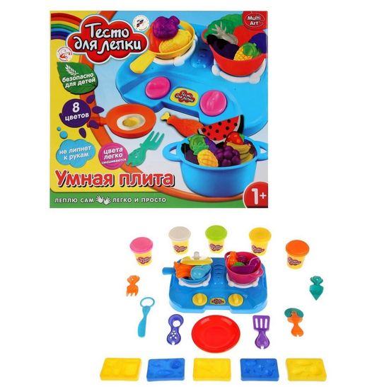 Тесто для лепки MultiArt Умная плита (посуда, приборы, 17 форм, 5 цветов)