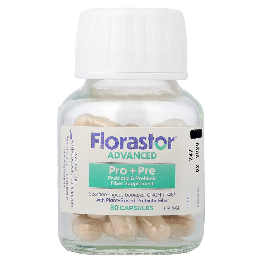 Florastor, Advanced, Pro + Pre, Probiotic & Prebiotic Fiber Supplement, 30 Vegetarian Capsules