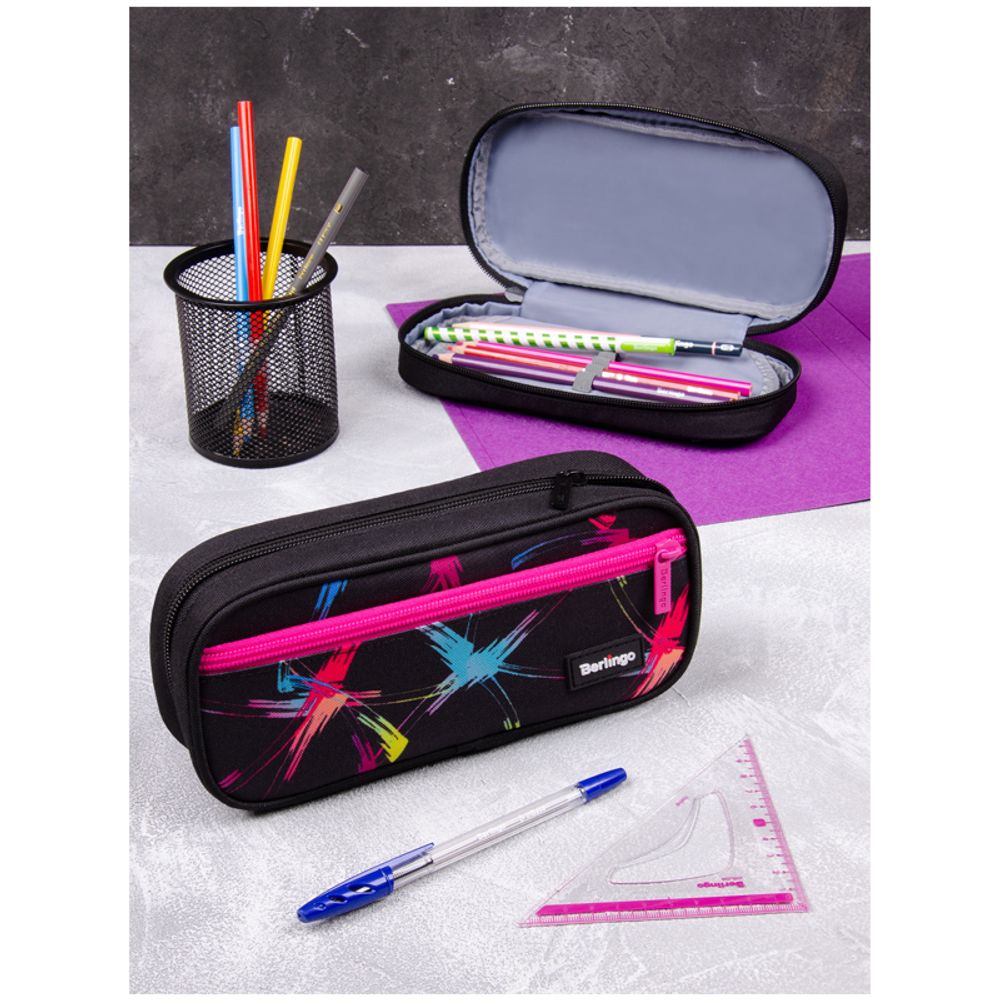 Пенал мягкий 1 отделение, 1 карман, 220*95*50 Berlingo "Neon fuse", полиэстер, откидная планка
