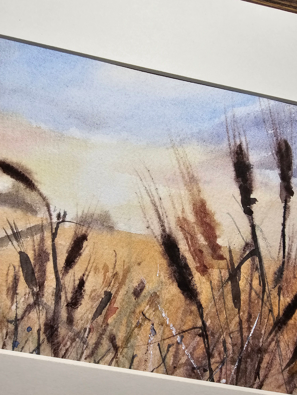 Картина авторская акварельная в паспарту 21х30 см на стену для интерьера "Рожь на рассвете"