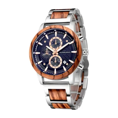 Часы наручные из натурального дерева кварцевые KUNHUANG на металлическом браслете, серебристый W9130-01