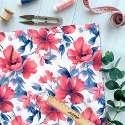 Ткань премиум таффета крупные цветы с голубыми листьями