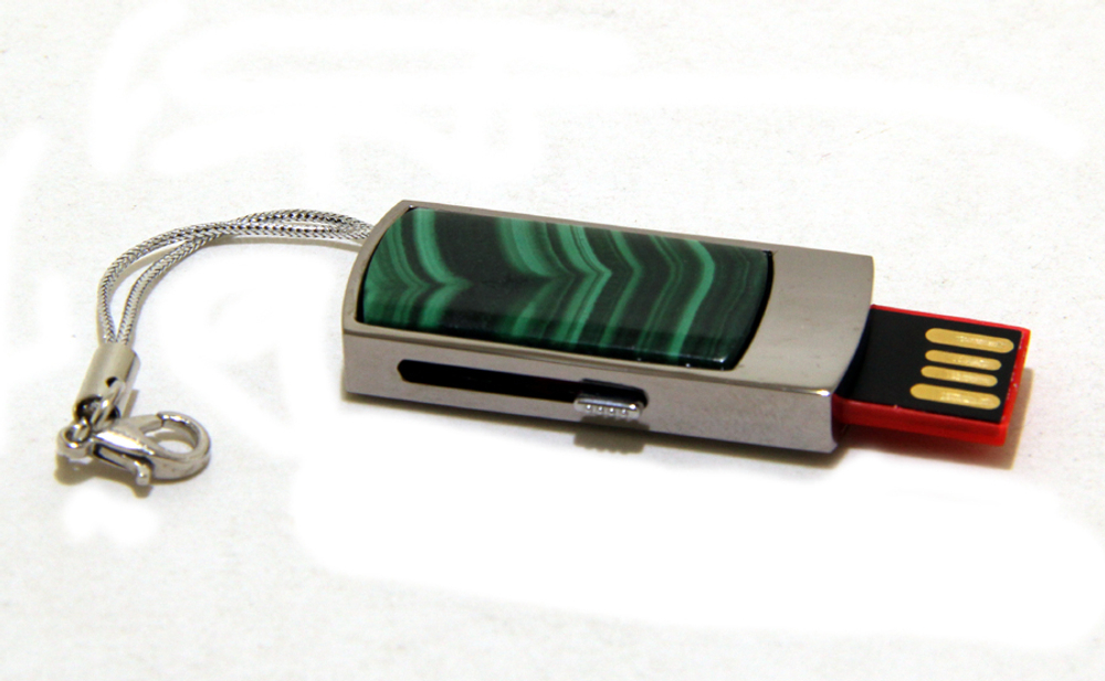 Подарочная USB флеш карта на 64GB с накладкой камня малахита, в подарочной упаковке,