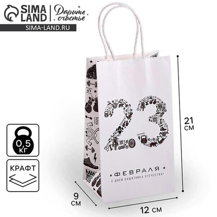 Пакет подарочный крафт, упаковка, «С 23 февраля», 21 х 12 х 9 см.