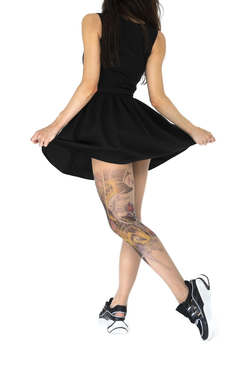 Колготки с принтом в виде черно-желтого карпа кои на левой ножке (Размер: S-M-L) (Цвет: бежевый)