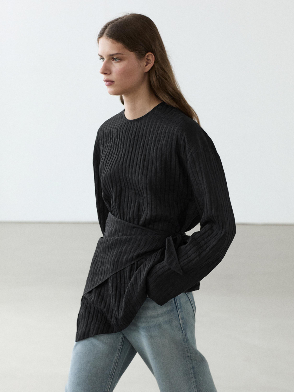 Massimo Dutti Струящаяся рубашка в полоску с шарфом, черный