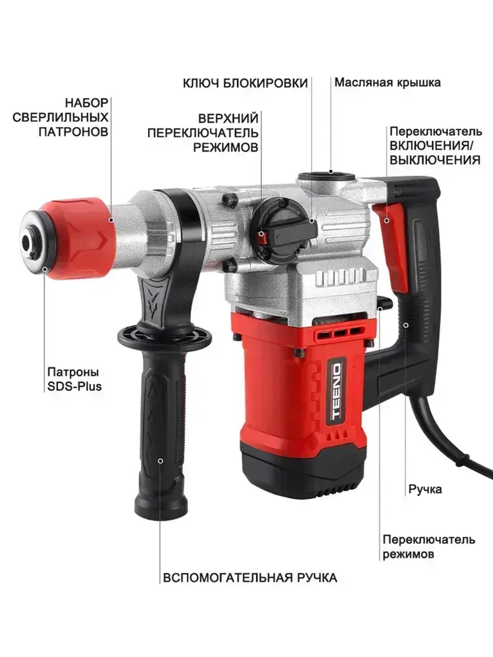 Перфоратор электрический TEENO,4.5 Дж,1600 Вт,SDS PLUS,набор буров,пластиковый кейс