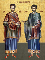 Икона под старину А5. Дерево, холст (святые мужи)