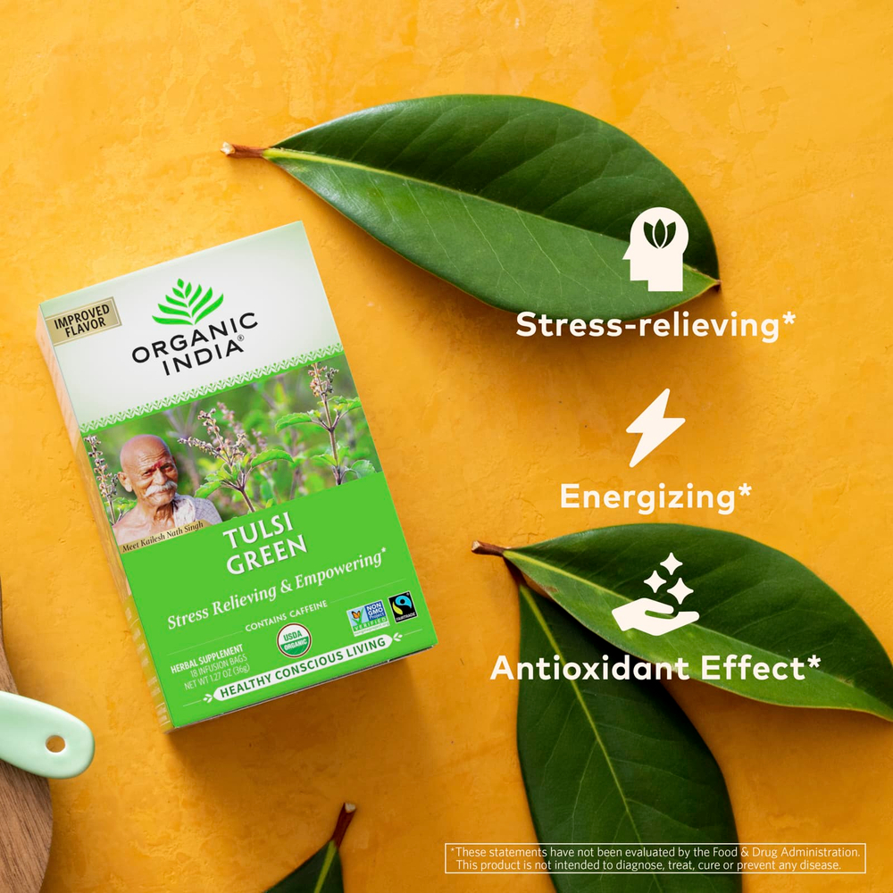 Organic India, Зеленый чай с тулси, 18 пакетиков, 34,2 г (1,21 унции)