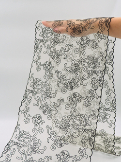 Вышивка на сетке телесная с черным неэластичная ширина 26 см