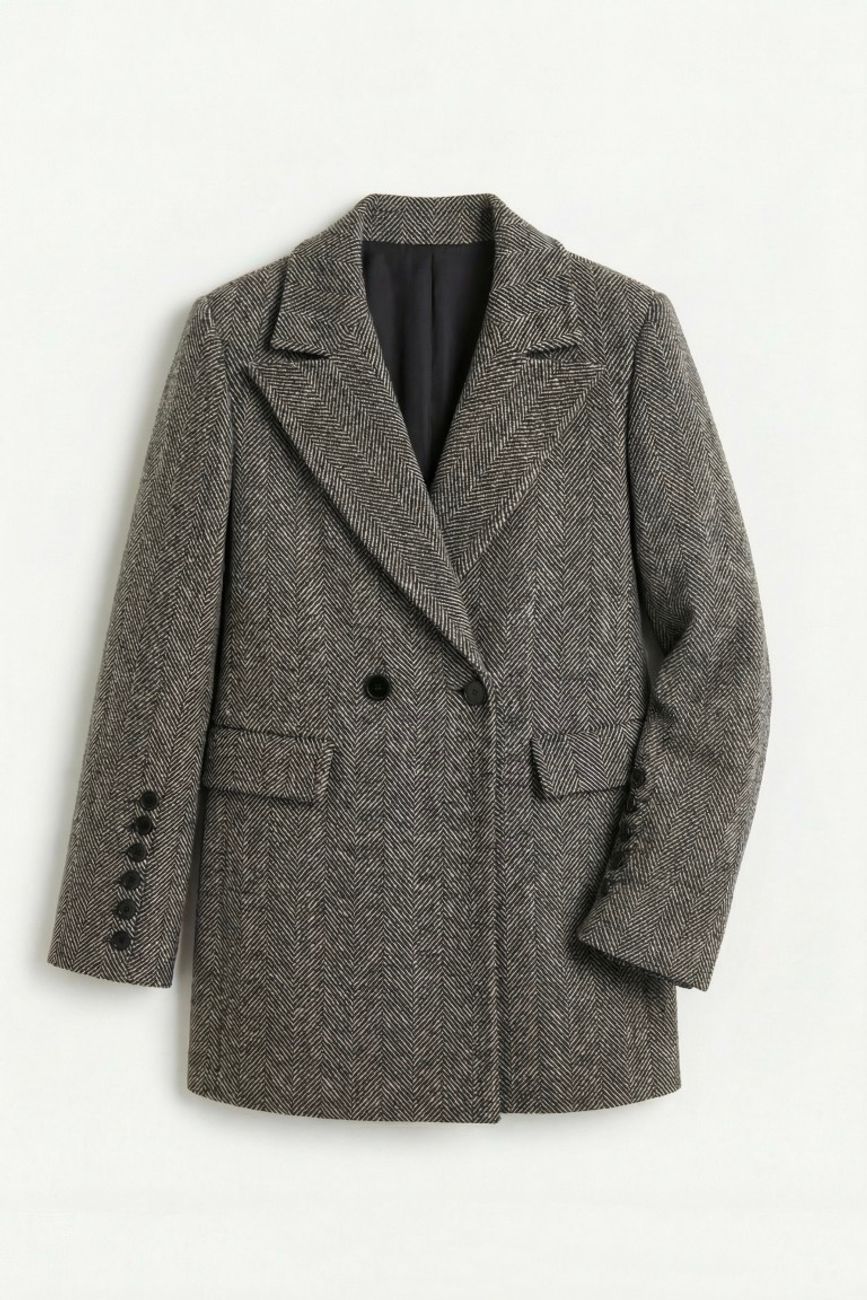 Пальто двубортное укороченное в елочку, черный