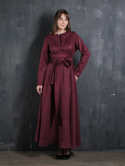 Платье с кушаком /бордовая клетка