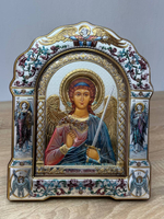 Ангел Хранитель, икона арочная с рамкой под стеклом, белое дерево, эмаль 167х228