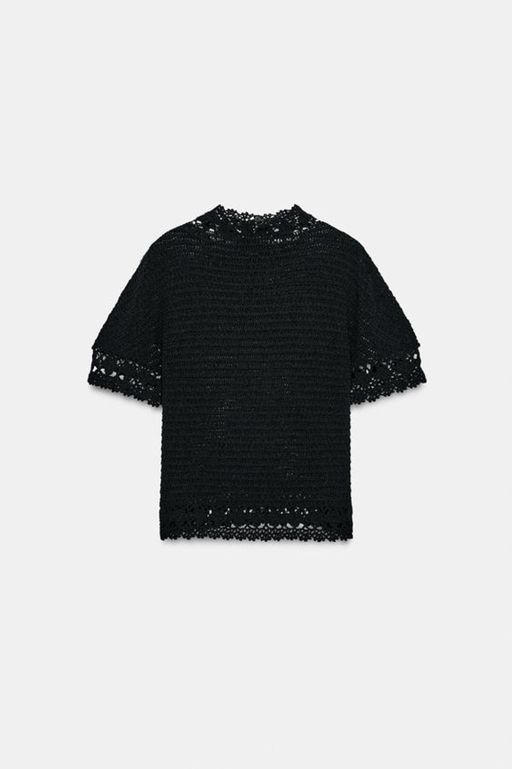 ZARA ТРИКОТАЖНЫЙ ТОП С ВЫСОКИМ ВОРОТНИКОМ И ЦВЕТОЧНЫМИ ДЕТАЛЯМИ, ЧЕРНЫЙ