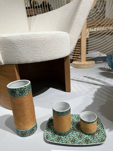 Набор фарфоровой посуды с берестой из 4х изделий (кружка большая, кружка малая, ваза, блюдо). Коллекция Изразец Коломенское. Цветы. Бревно (Log).