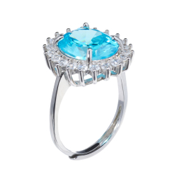 Кольцо-вечернее, серебрение 925, голубой овальный циркон, окантовка россыпь камней