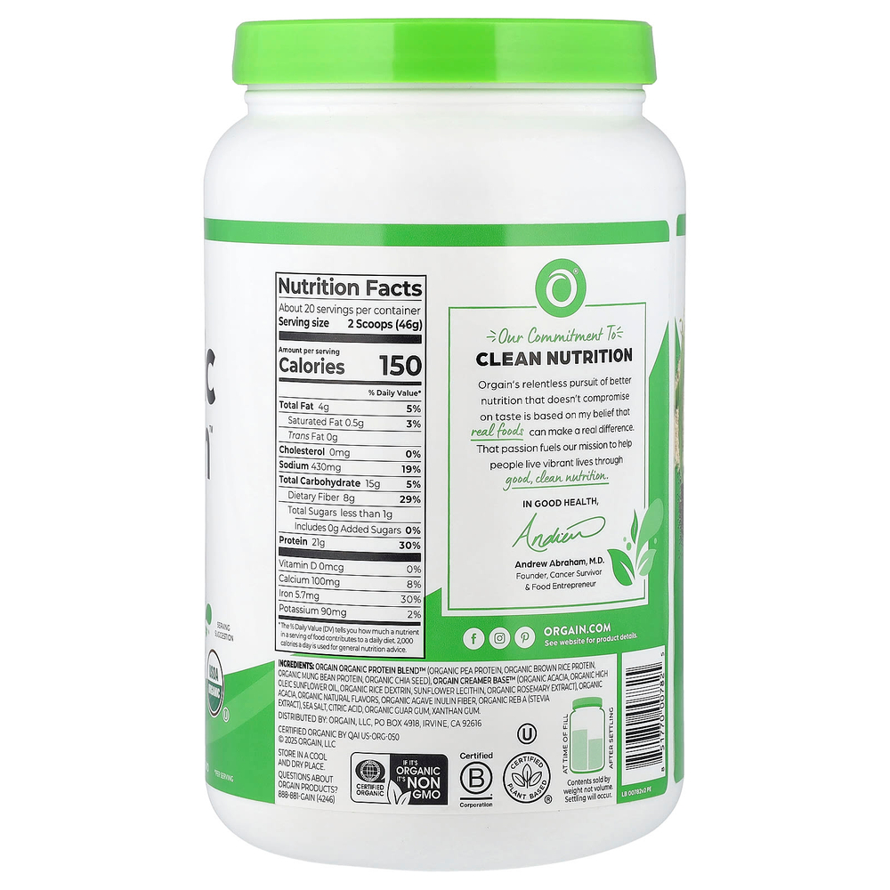 Orgain, Organic Protein™, порошок на растительной основе, со вкусом клубники и крема, 920 г (2,03 фунта)