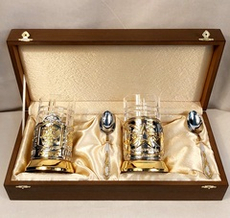 Набор подстаканников с позолотой Герб и Армия в фуляре