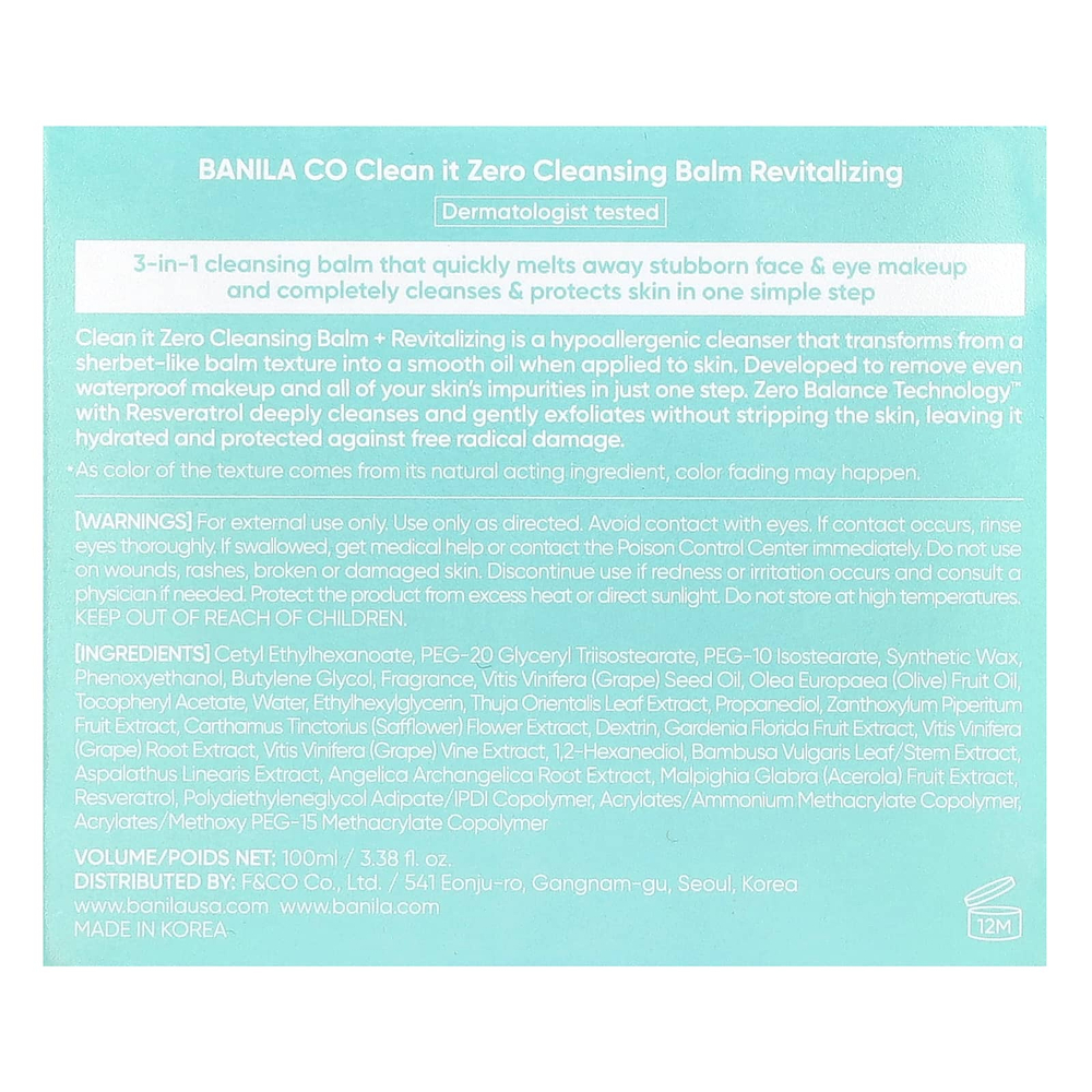 Banila Co, Clean It Zero, очищающий бальзам 3 в 1, восстанавливающий, 100 мл (3,38 жидк. унции)